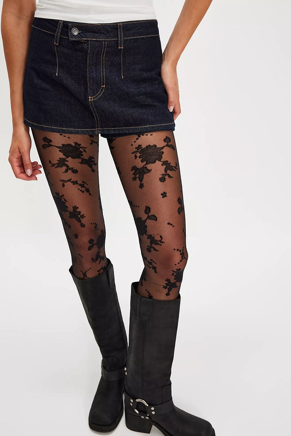 Flocked Floral Tights Black Combo