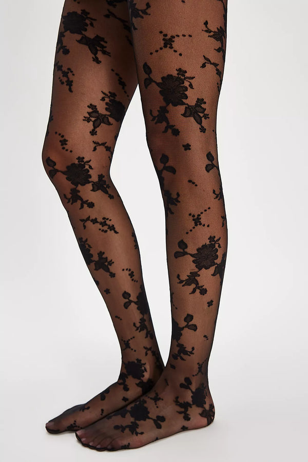 Flocked Floral Tights Black Combo