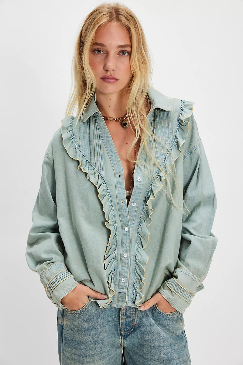 We The Free Tattered And Ruffled Denim Top