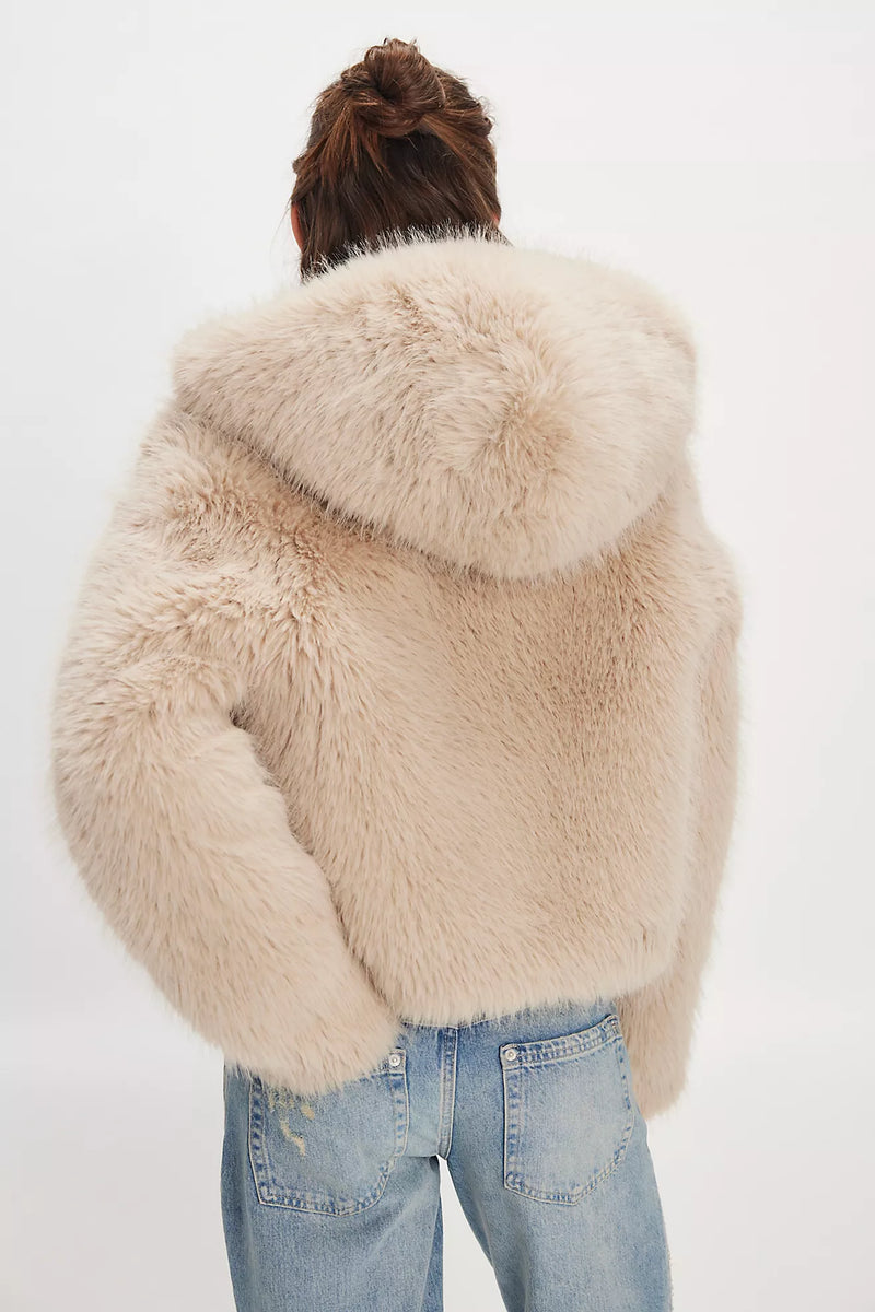 Louder Please Hooded Faux Fur Jacket Ivory