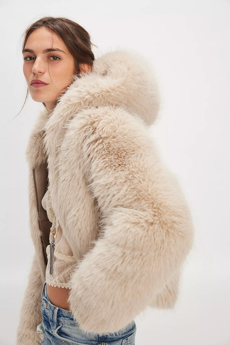 Louder Please Hooded Faux Fur Jacket Ivory