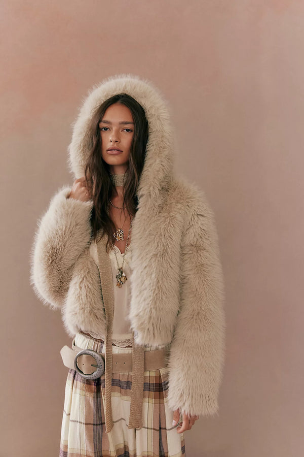 Louder Please Hooded Faux Fur Jacket Ivory