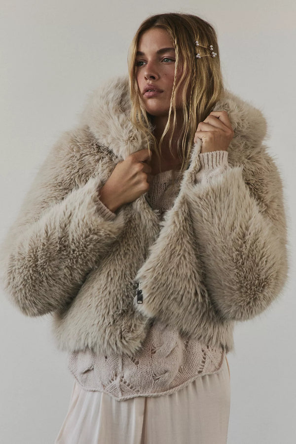 Louder Please Hooded Faux Fur Jacket Ivory