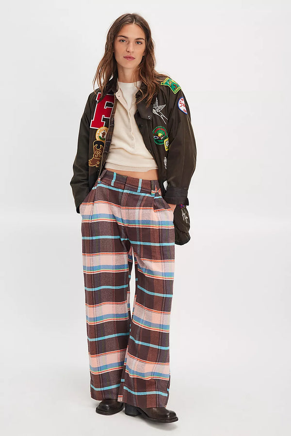 Buckle Back Plaid Trousers Brown Combo