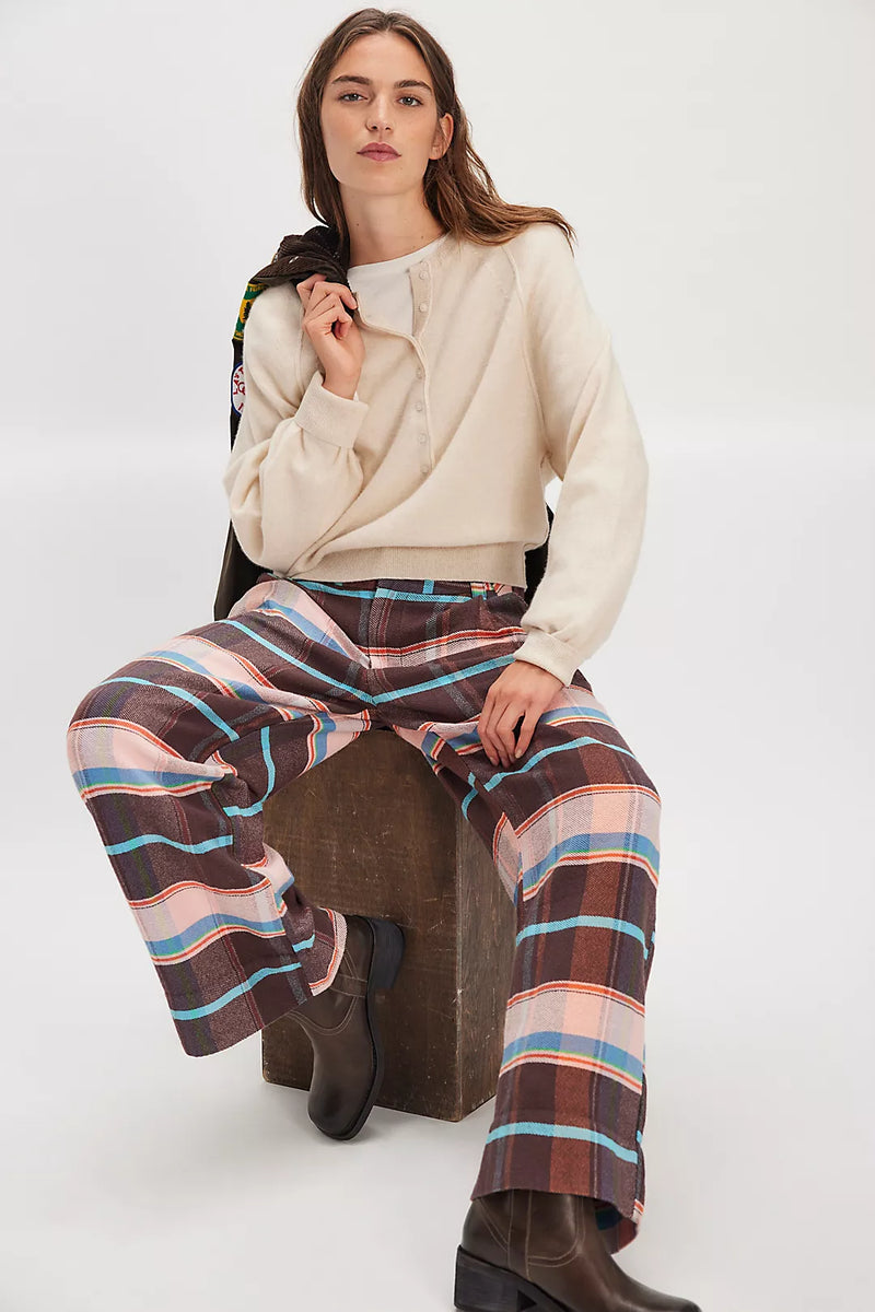Buckle Back Plaid Trousers Brown Combo