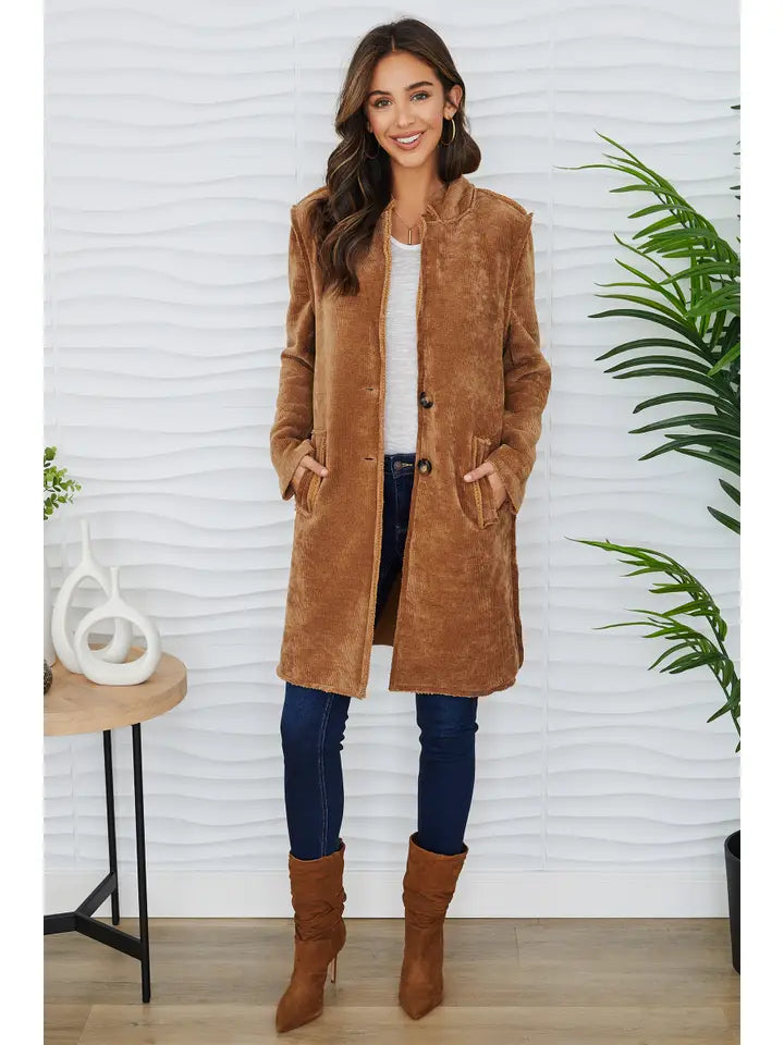 Cozy Corduroy Mid Length Coat Camel