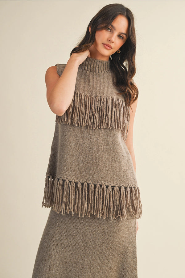 Heritage Fringe Sweater Top Taupe