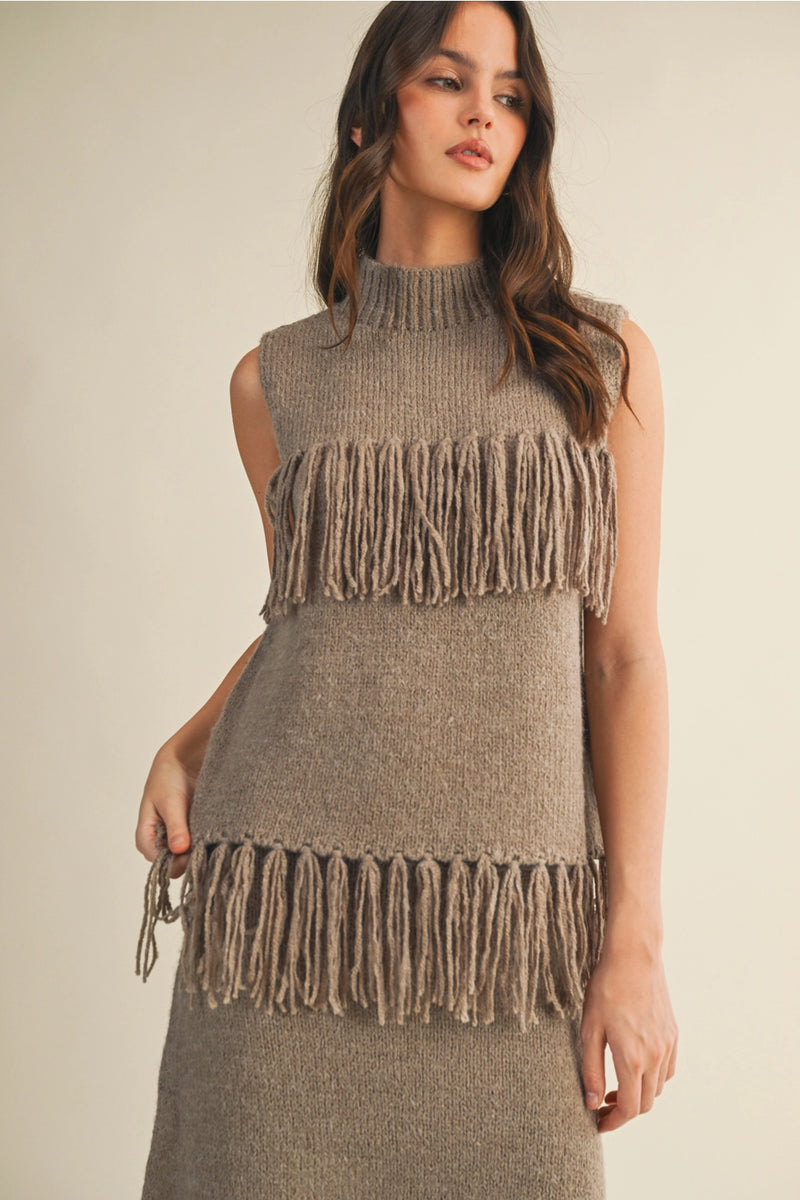 Heritage Fringe Sweater Top Taupe