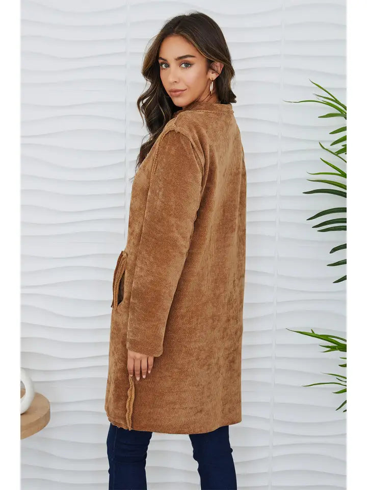 Cozy Corduroy Mid Length Coat Camel