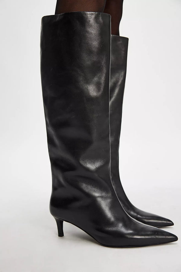 black leather dress boots kitten heel Kitten Heel Leather Knee Boots - Black
