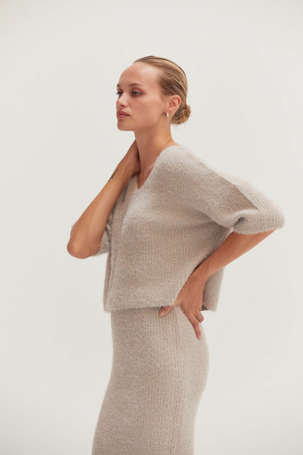June Fuzzy Top and Midi Skirt Two Piece Set Stone