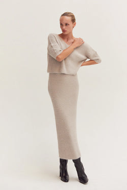 June Fuzzy Top and Midi Skirt Two Piece Set Stone
