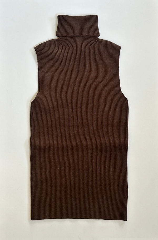 Brown Ribbed Sleeveless Turtleneck