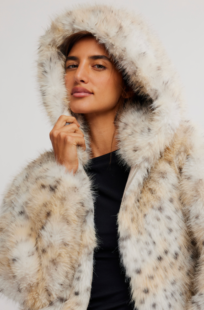 Louder Please Hooded Faux Fur Jacket Snow Leopard