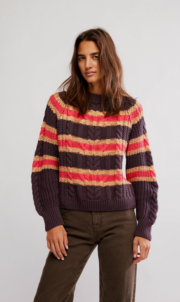 Frankie Striped Cable Knit Sweater Chocolate Combo