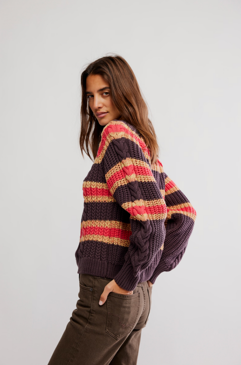 Frankie Striped Cable Knit Sweater Chocolate Combo