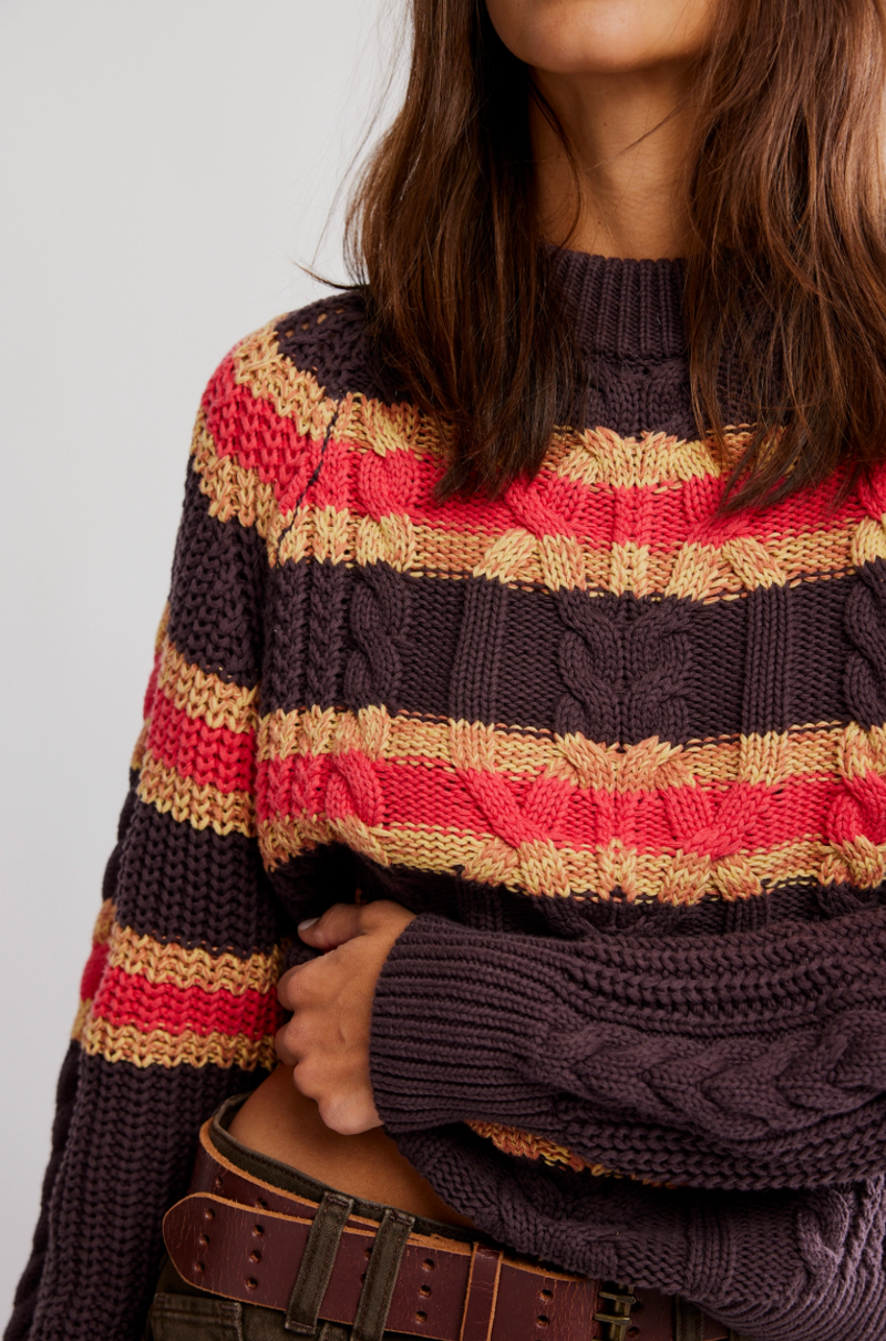 Frankie Striped Cable Knit Sweater Chocolate Combo