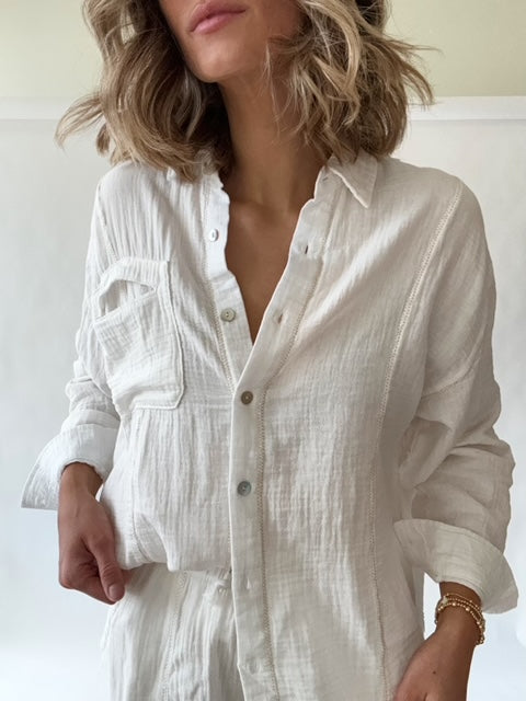 White Washed Gauze Button Up Top