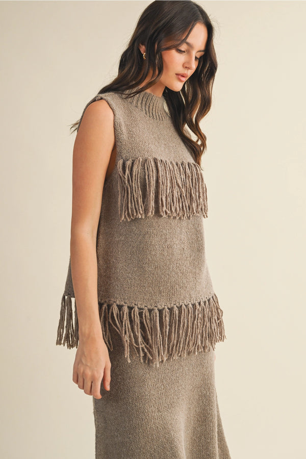 Heritage Fringe Sweater Top Taupe