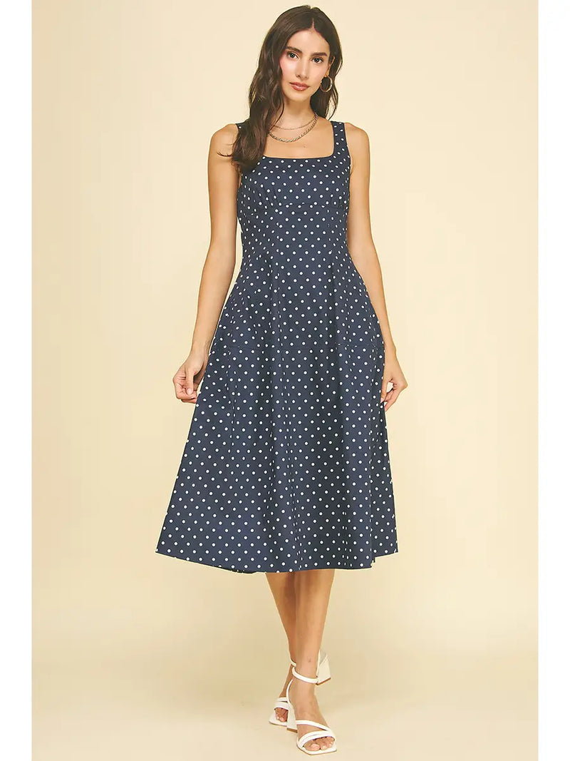 navy polka dot midi dress Midnight Charm Ladivine CD756 Elegant Formal Designers: Sherri Hill Size:XS / US   2 work‐casual days