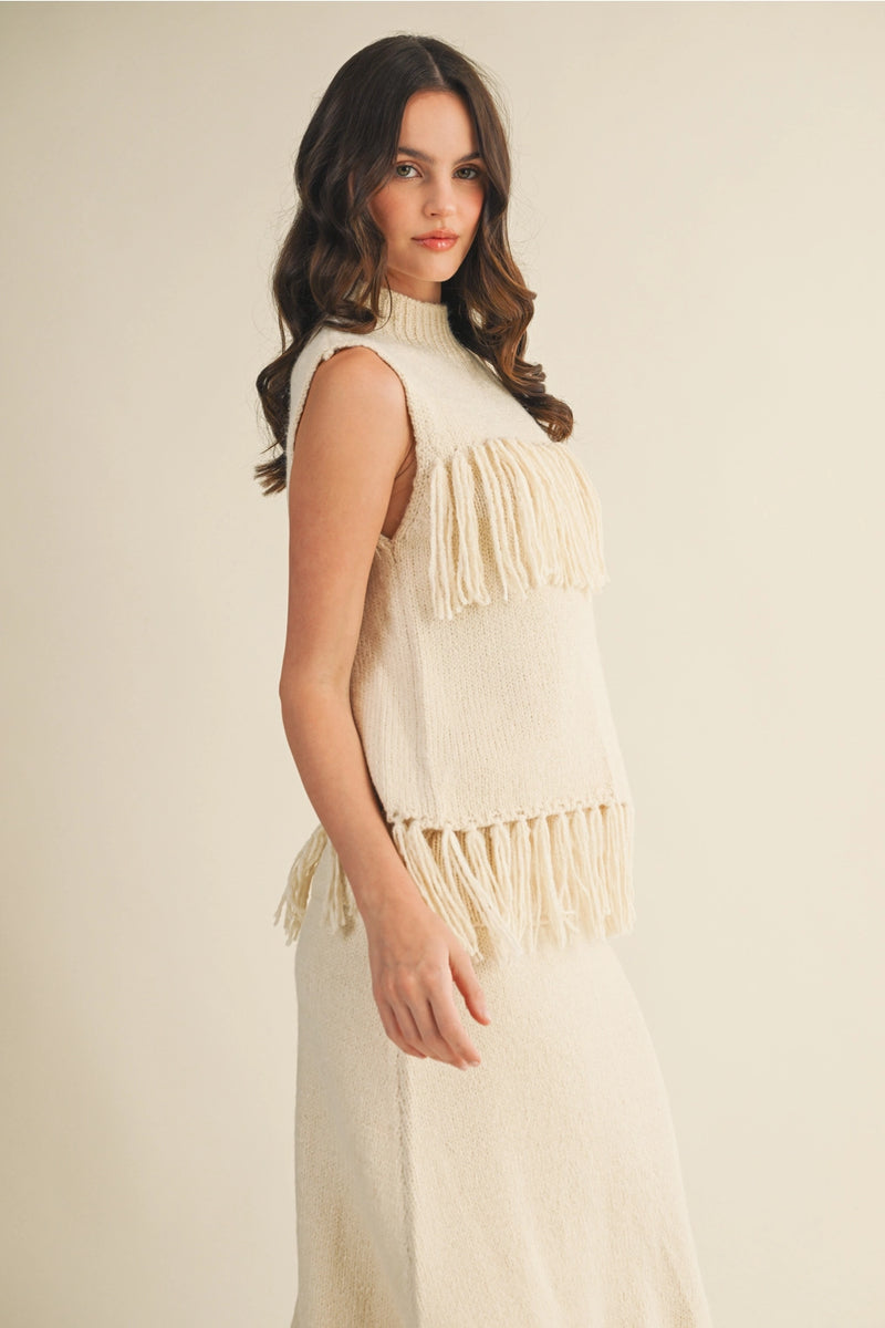 Heritage Fringe Sweater Top Cream