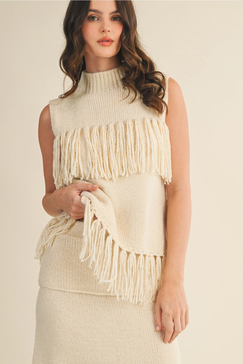 Heritage Fringe Sweater Top Cream
