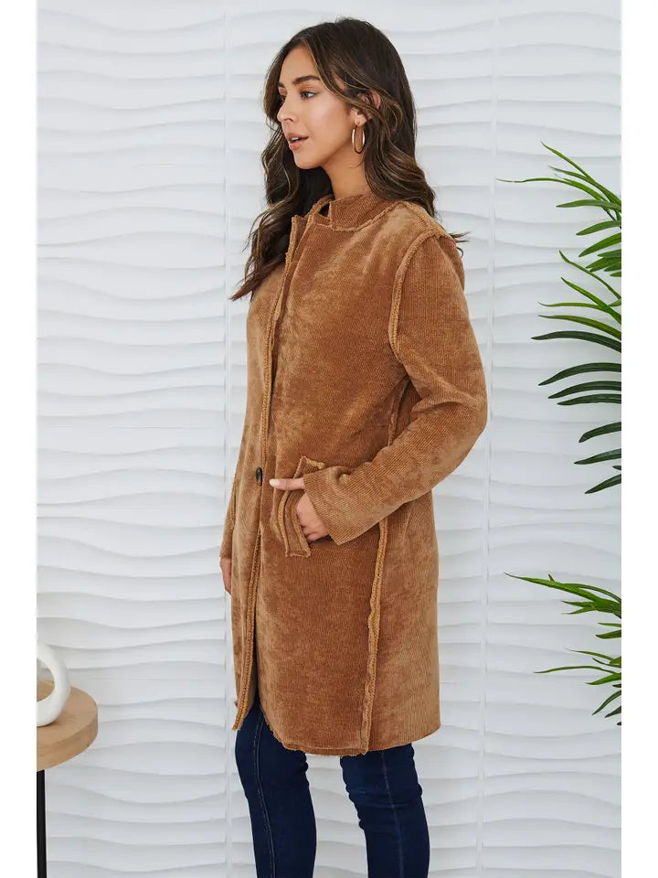 Cozy Corduroy Mid Length Coat Camel