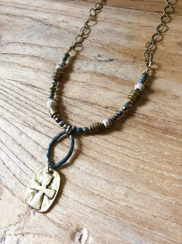 Old World Pyrite Cross Necklace